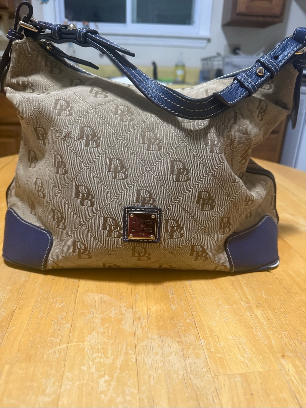 Dooney & Bourke Tan Logo Shoulder Bag with Navy Trim